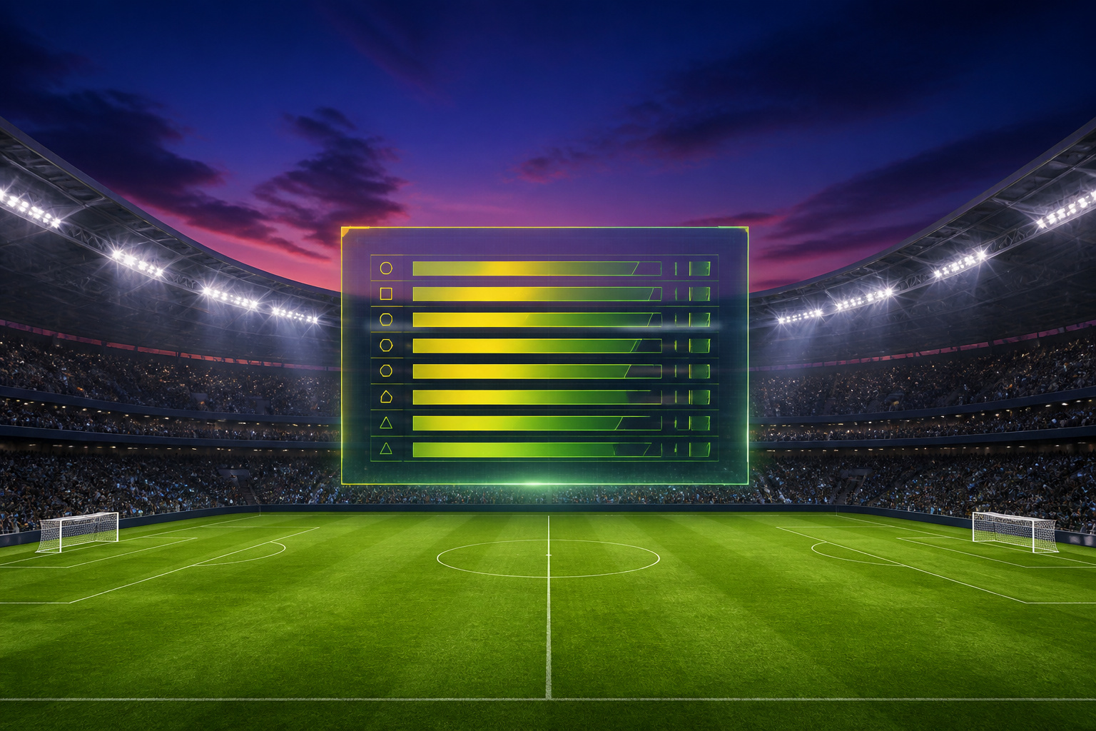 Stade de foot au crepuscule avec ecran holographique