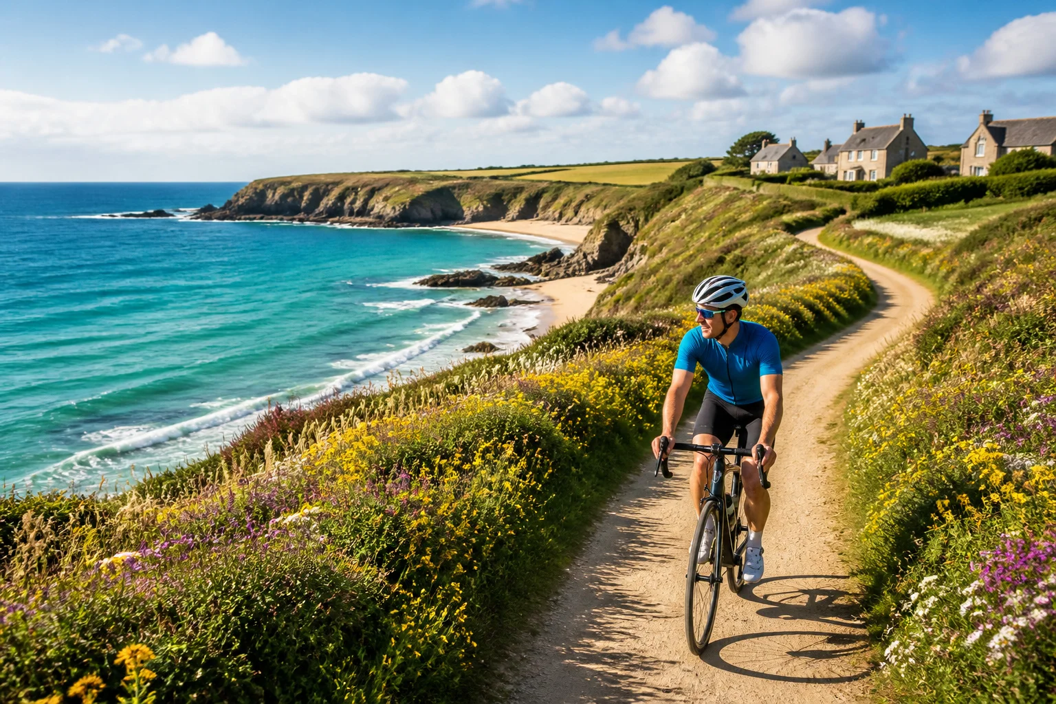 Cycliste en bretagne cote sauvage et fleurs