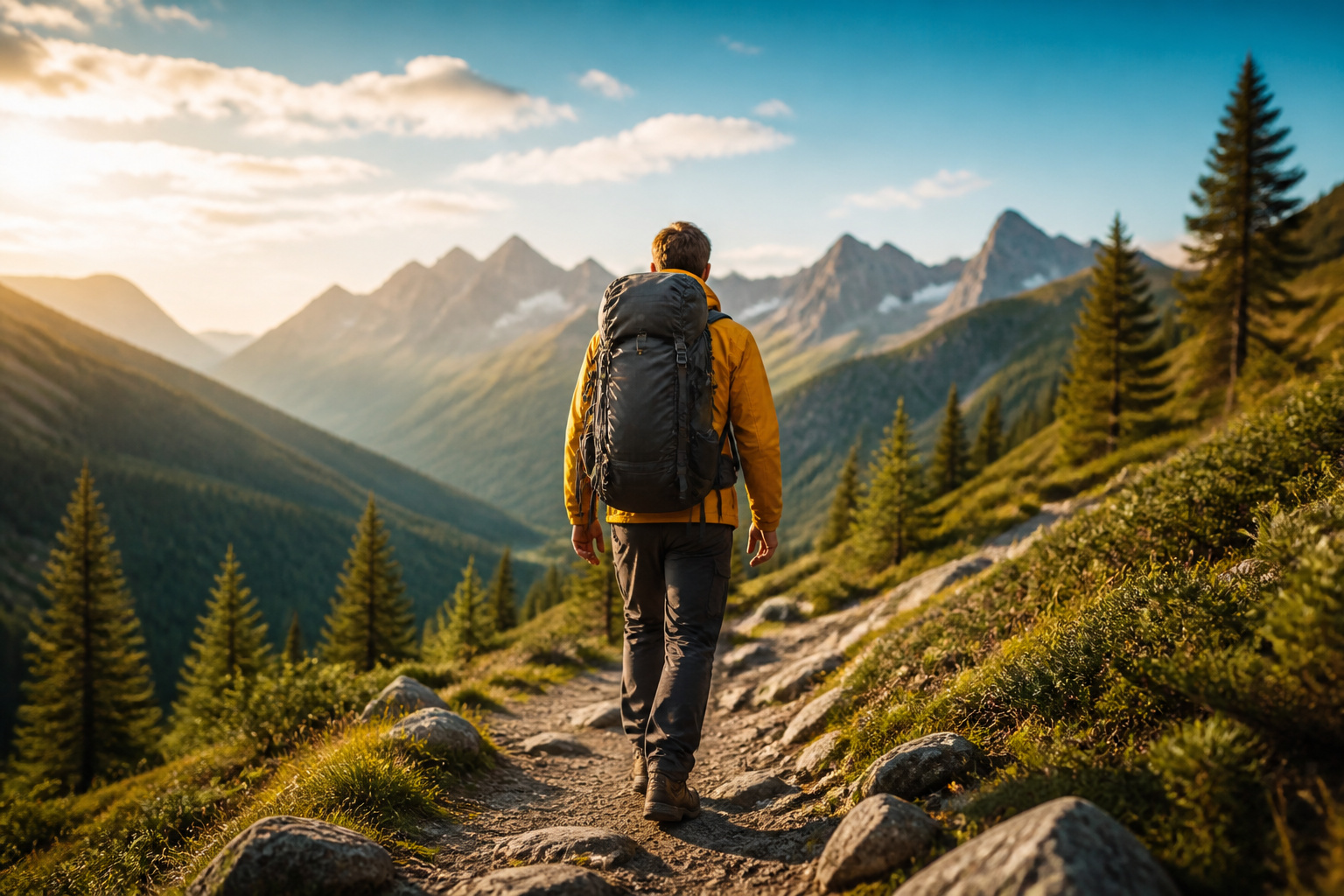 Randonnee en montagne au coucher du soleil