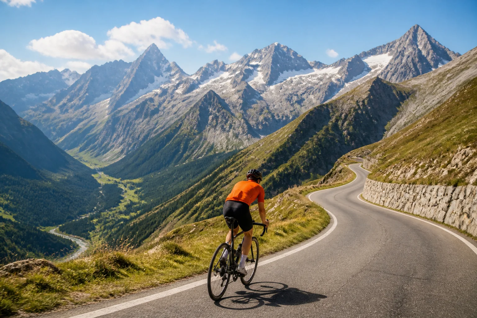 Cycliste en ascension sur route de montagne