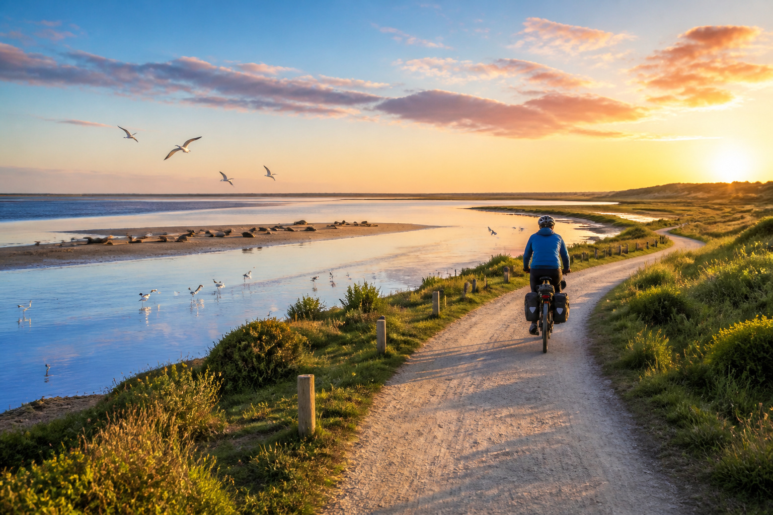 Cycliste sur la cote de la baie de somme