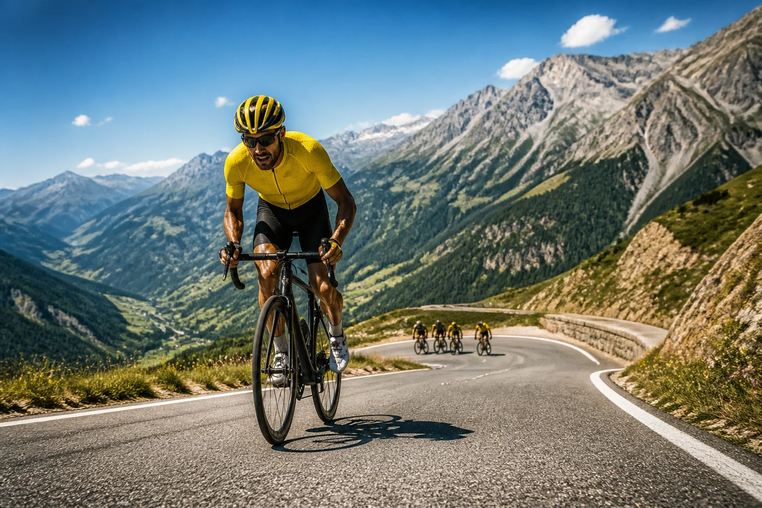 Cycliste en maillot jaune en montagne