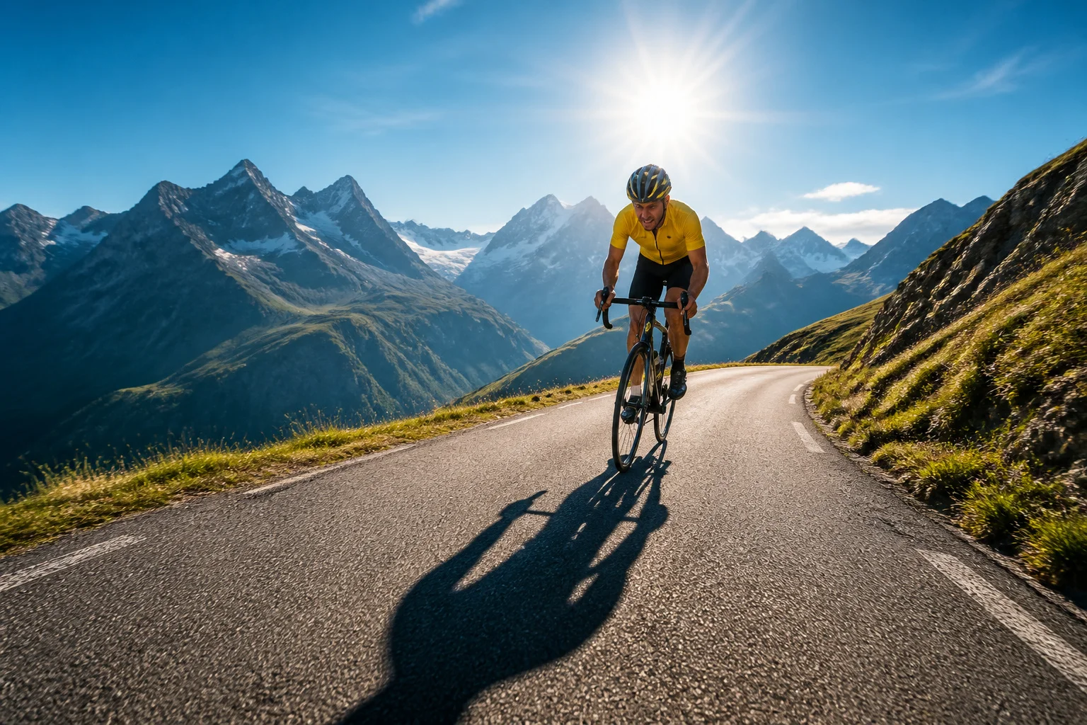 Cycliste en ascension dans les alpes