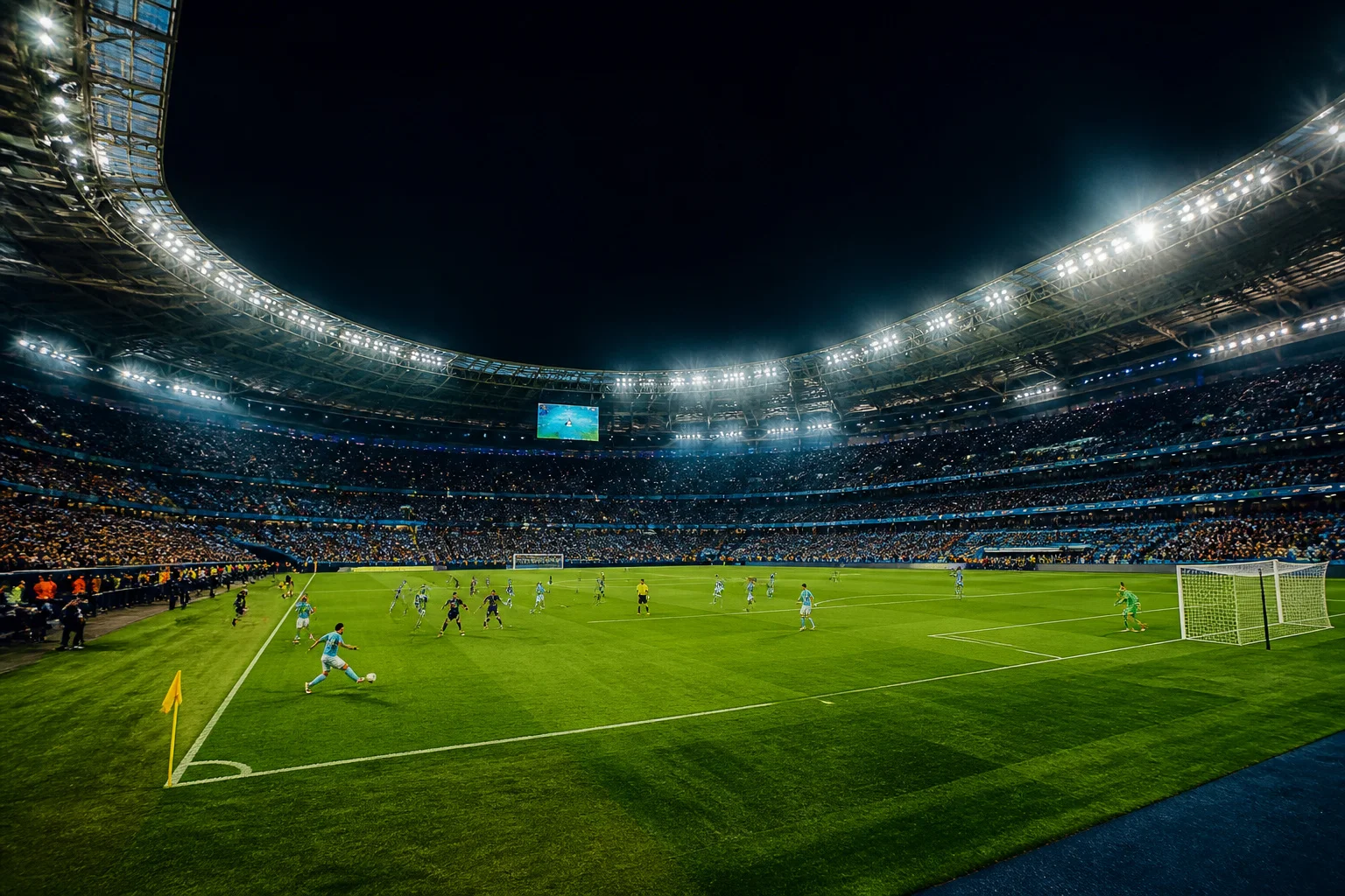 Match de football intense dans un stade moderne la nuit