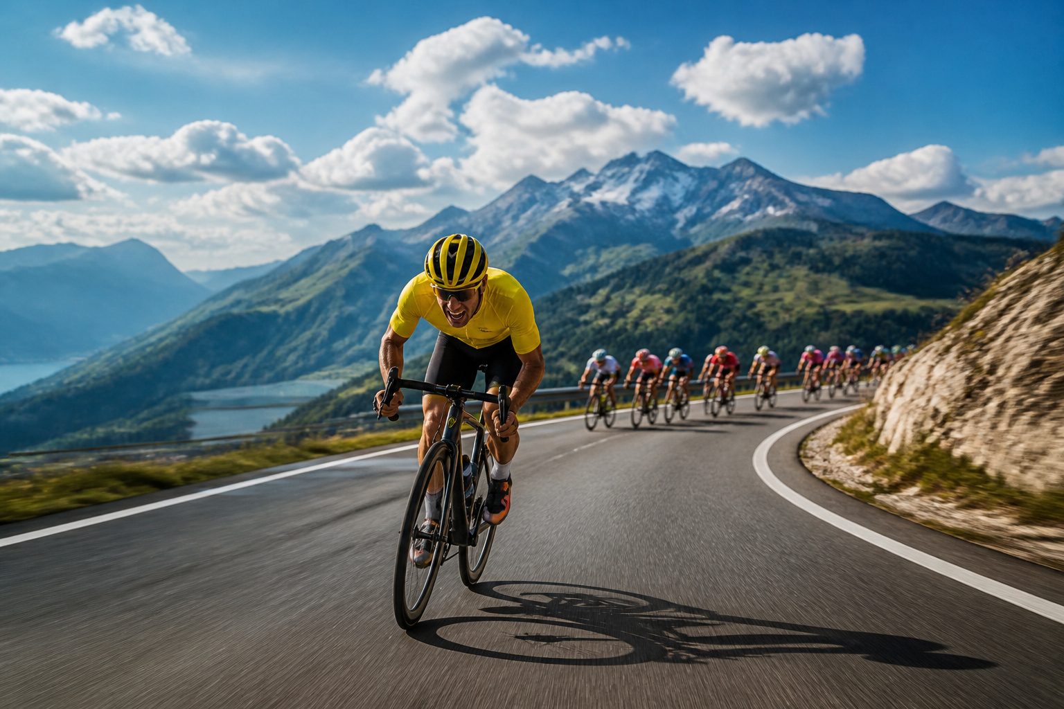 Cycliste en tete dans un paysage montagneux