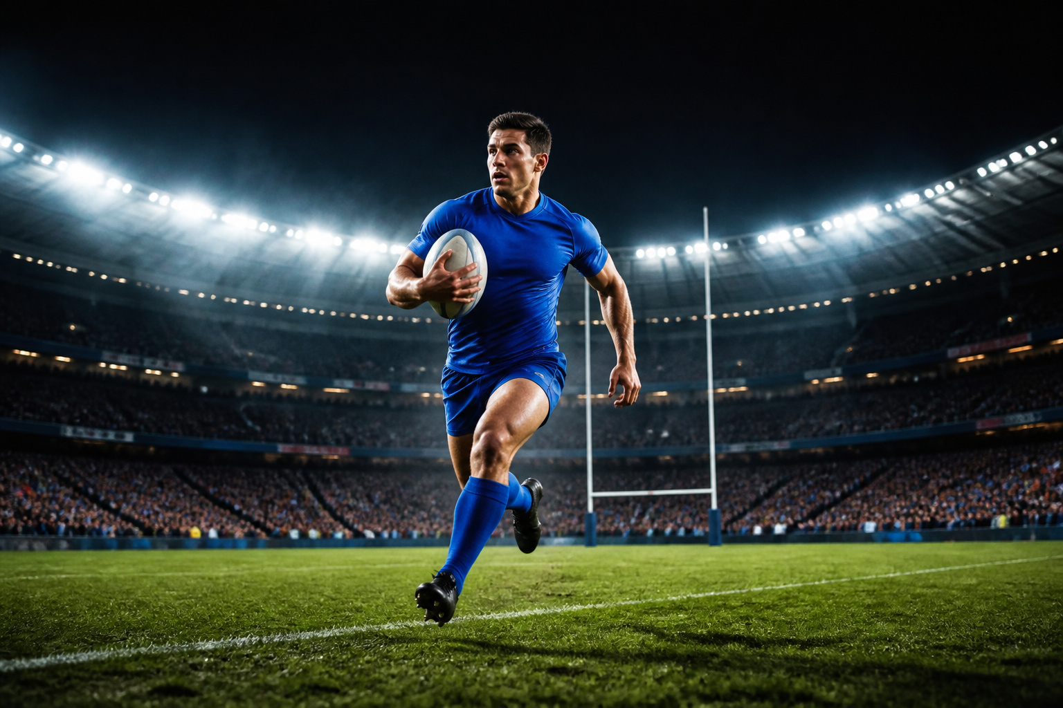 Joueur de rugby en action sous les projecteurs