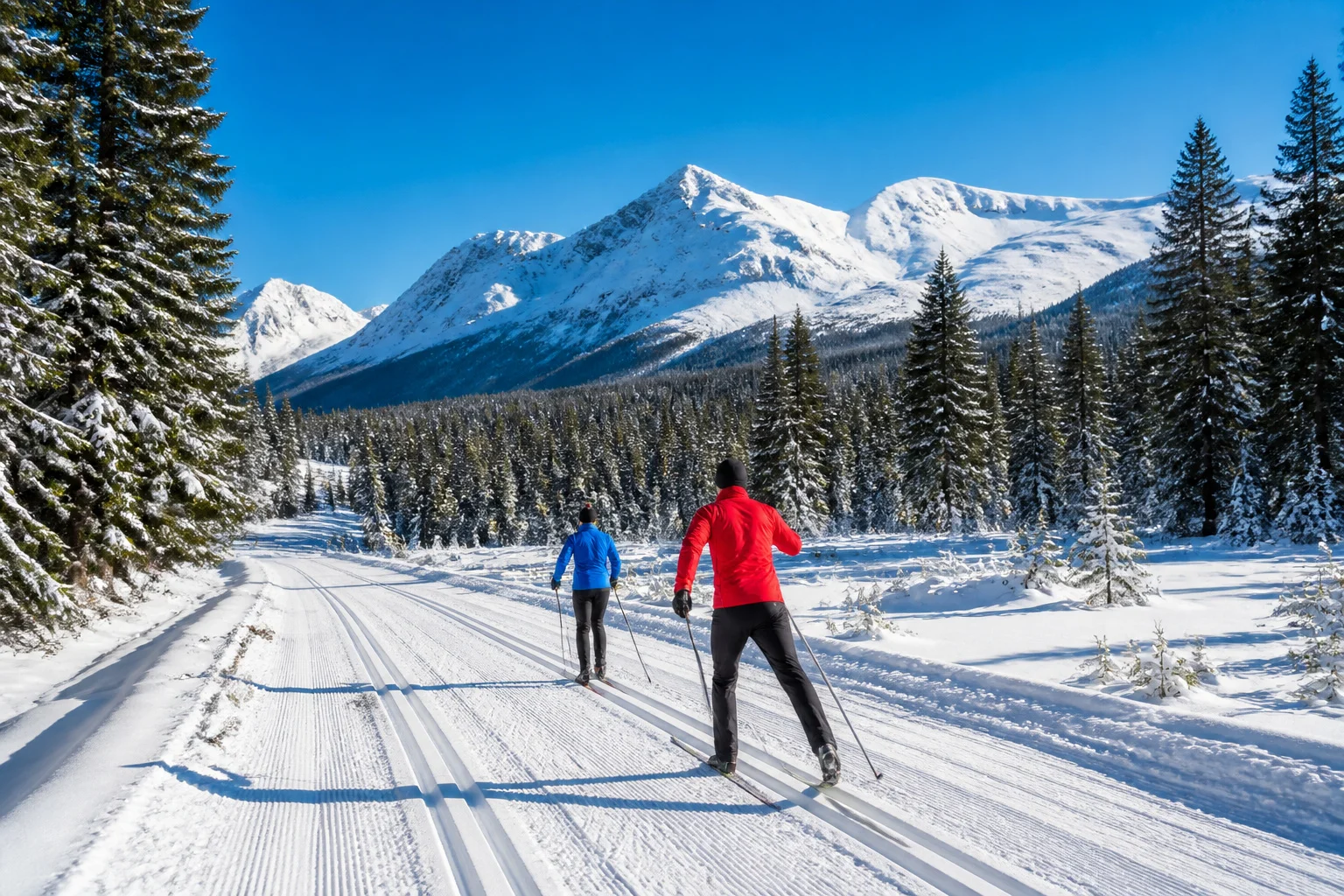 Ski de fond dans une foret enneigee