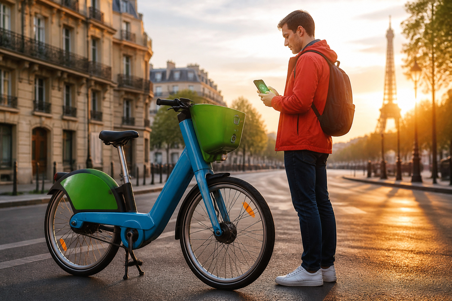 Velo electrique parisien au coucher du soleil